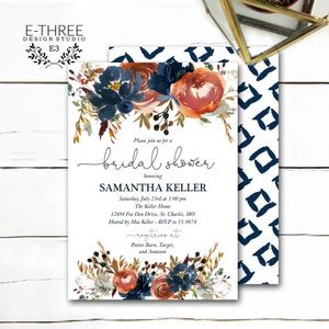 Verbrannte Orange Marine Braut Dusche Einladung, Sommerblumen und grün Hochzeit Dusche einladen, digitale Datei oder gedruckte Karten