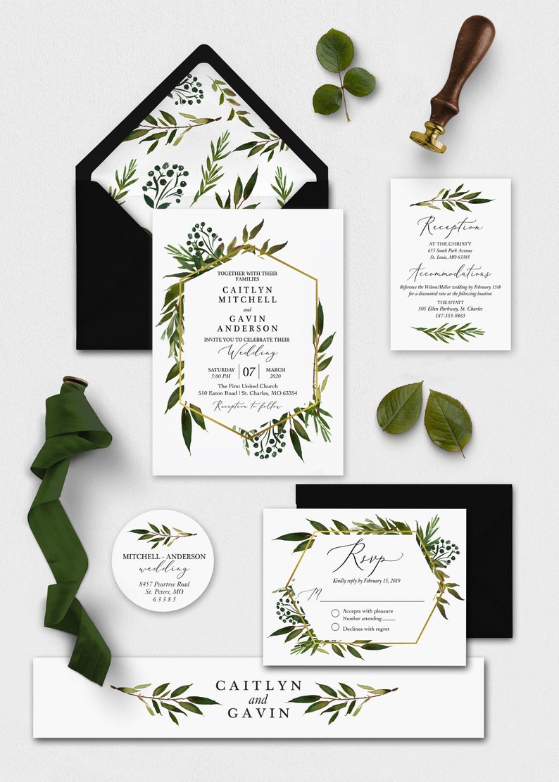 Modern Greenery Wedding Invitation Suite Elegant Watercolor image 1