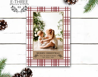 Rustic Red Plaid Christmas Card, Red Pin Striped Plaid Christmas Card, One Photo Christmas Card, Minimal Holiday Card, Printed or Digital