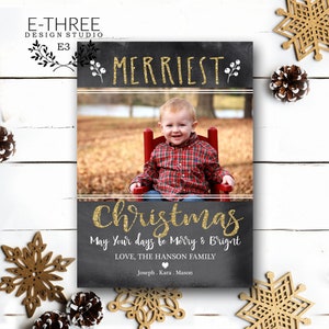 Leuke schoolbord kerstkaart-zwart en goud glitter Holiday Photo Card-handgeschreven lettertypen rustieke krijt kaart