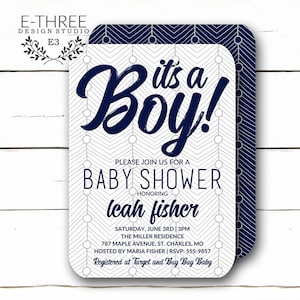 It&#39;s A Boy Baby Shower Invitation - Navy and Gray Baby Shower Invites - Modern Boy Shower Invitation