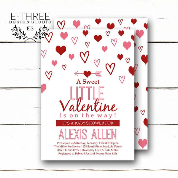 Valentinstag-Baby-Dusche Einladung - rosa und rote Mädchen-Dusche-Einladungen