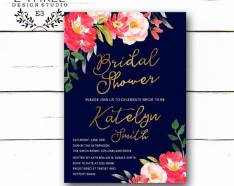 Coral and Navy Bridal Shower Invitations - Gold and Navy Blue Floral Wedding Shower Invites - Gold Foil - Watercolor Flowers Invite