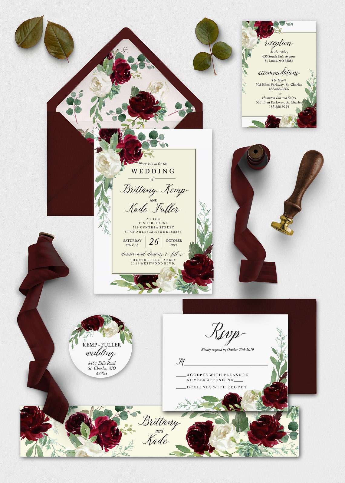 Burgundy Wedding Invitation Suite Sage Greenery and Merlot image 1