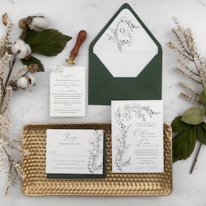 Hand Drawn Greenery Wedding Invitation Suite, Botanical Wedding Invitations, Vellum Wedding Invitation Set, Drawn Foliage Printed Invites image 2