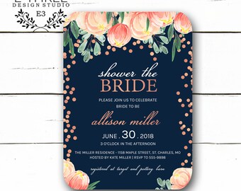 Rose Gold Bridal Shower Invitations - Pink Floral Bridal Shower Invitations - Pink and Navy Confetti - Flowers and Foliage - Wedding Shower