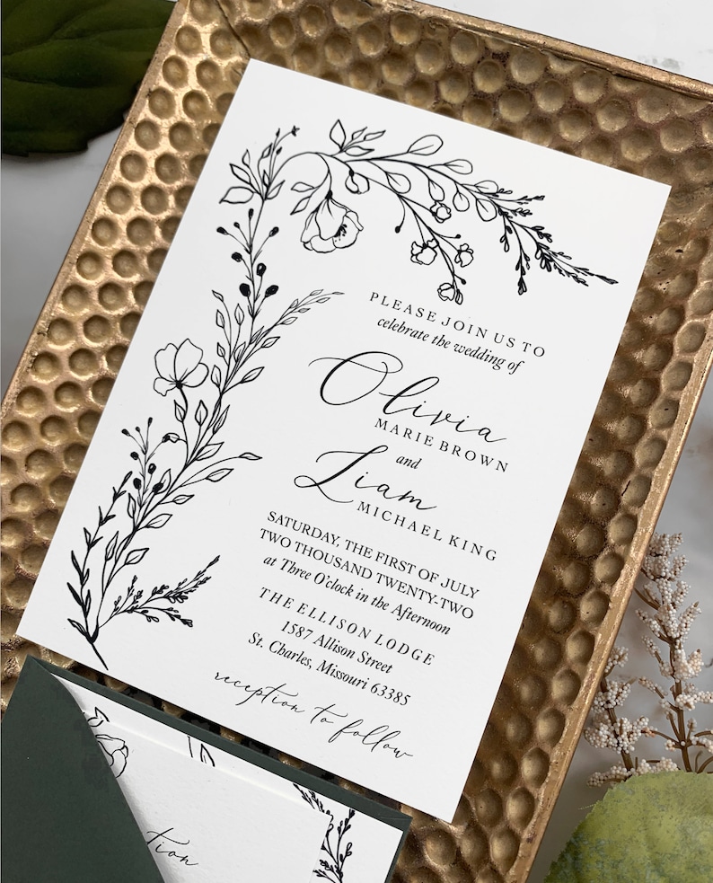 Hand Drawn Greenery Wedding Invitation Suite, Botanical Wedding Invitations, Vellum Wedding Invitation Set, Drawn Foliage Printed Invites 画像 9