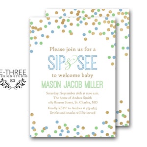 Sip and See Baby Boy Shower Invitation with Mint Baby Blue and Gold Confetti, Boy's Sip and See Invitations 1030 image 2