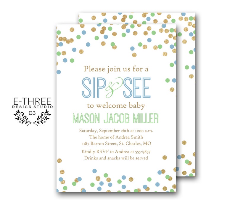 Sip and See Baby Boy Shower Invitation with Mint Baby Blue and Gold Confetti, Boy's Sip and See Invitations 1030 image 2