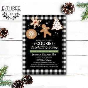 Christmas Cookie Decoreren Partij Uitnodiging, Buffalo Plaid Christmas Cookie Party Uitnodiging, Zwart Wit Plaid Holiday Cookie Swap Party