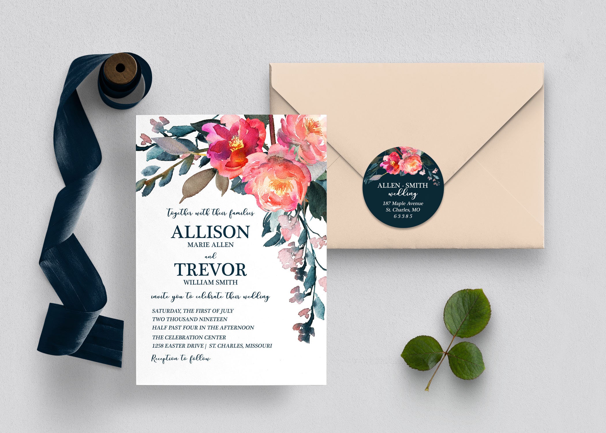 Pink and Navy Watercolor Floral Wedding Invitation Suite With Lavender ...