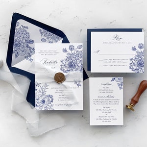 Navy Blue Floral Hochzeitseinladungs-Reihe, Handgezeichnetes Grün und Blumen Hochzeitseinladung, Wachssiegel und Band, Isabelle Collection