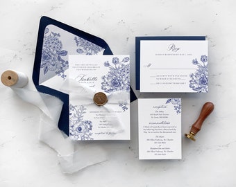 Suite di inviti di nozze floreali blu navy, inviti di nozze con vegetazione e fiori disegnati a mano, sigillo di cera e nastro, collezione Isabelle