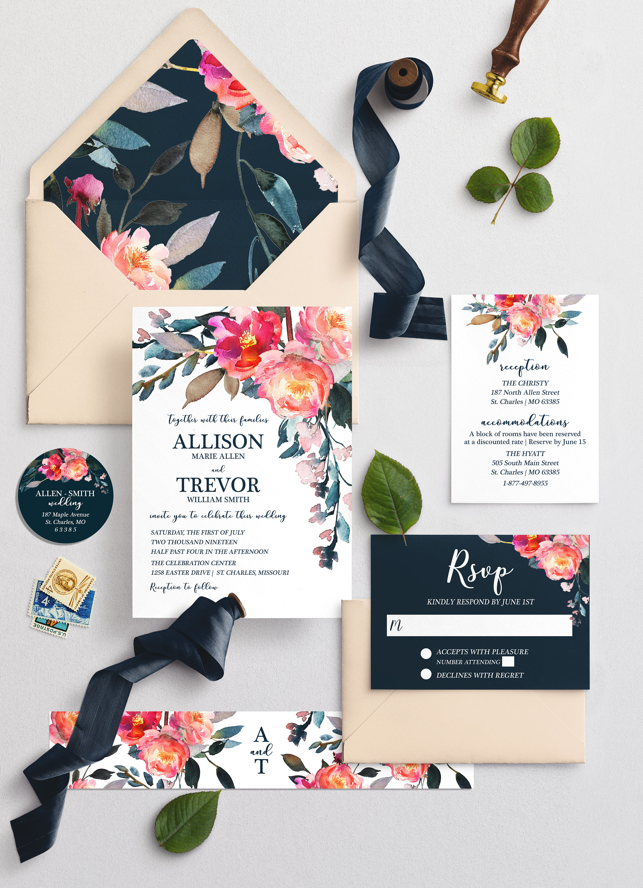 Pink and Navy Watercolor Floral Wedding Invitation Suite With Lavender ...