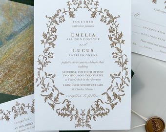Invito di nozze con cornice floreale, inviti di nozze dorati, invito di nozze con elegante fogliame, matrimonio con ghirlanda floreale e belle arti, Emelia Suite