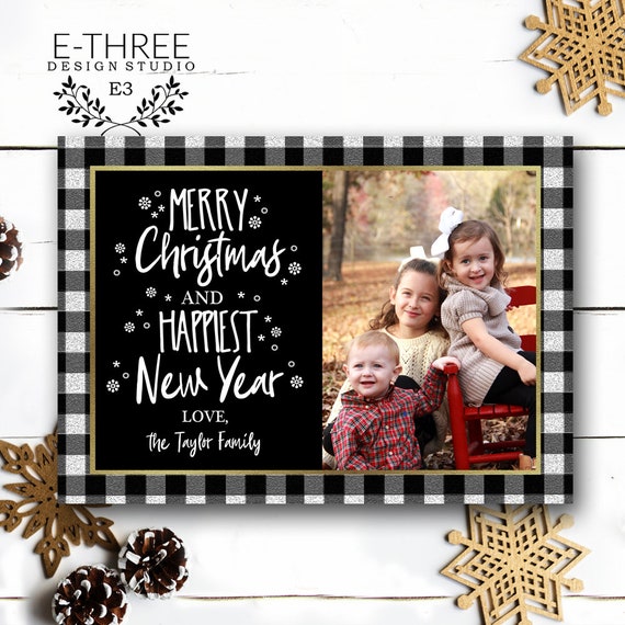 Black and White Plaid Christmas Card with photo - Gold Foil Accent, One Photo Holiday Card