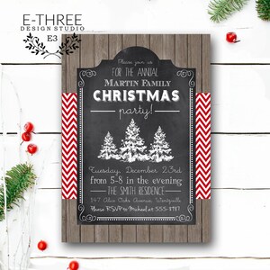 Rustic Chalkboard Christmas Party Invitation - Wood and Trees Holiday Party - Red Chevron