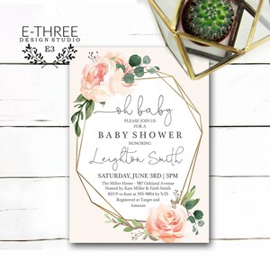 Blush Gold Geometric Baby Girl Shower Invitation - Greenery and Flowers - Light Pink Roses - Digital or Printed