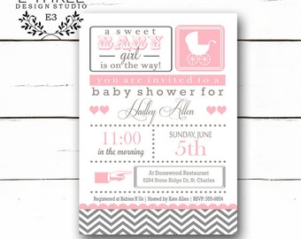 Pink and Gray Baby Girl Shower Invitation - Chevron Baby Girl Shower Invite - Vintage Modern Baby Buggy