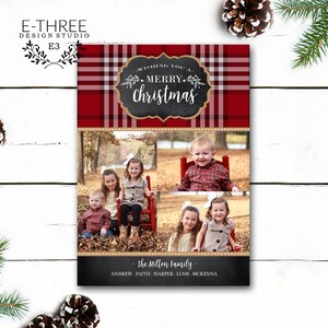 Tarjeta de Navidad Red Plaid, Tarjeta de Navidad de Pizarra, Tarjeta de Navidad de Tres Fotos, Tarjeta de Navidad Rustic Plaid, Digital o Impresa