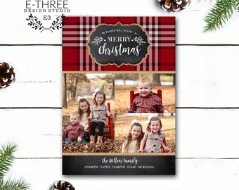 Red Plaid Christmas Card, Chalkboard Christmas Card, Three Photo Christmas Card, Rustic Plaid Christmas Card, Digital or Printed