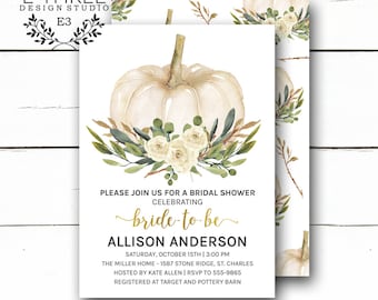 White Pumpkin Bridal Shower Invitation - Pumpkin and Greenery Fall Wedding Shower Invitation - Autumn