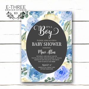 Blue Floral Baby Shower Invitations - Baby Boy Shower Invitations - Greenery and Flowers - Modern - Gray