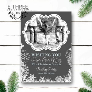 Gray and Blue Snowflake Christmas Card with Photo