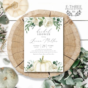 Elegant White Pumpkin Bridal Shower Invitation with Sage Green Greenery - Floral Fall in Love Wedding Shower Invite