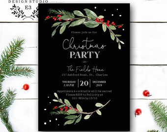 Elegant Greenery Christmas Party Invitation - Corporate Office Holiday Party Invitations - Modern black background Berries and Foliage