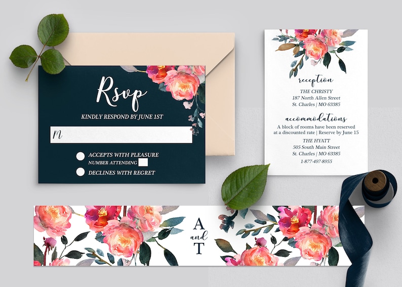 Pink and Navy Watercolor Floral Wedding Invitation Suite With Lavender ...
