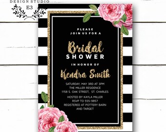 Modern Bridal Shower Invitations - Black and White Stripes - Pink Floral - Gold Glitter - Wedding Shower Invite