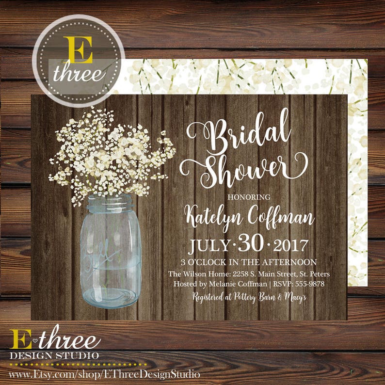 Rustic Bridal Shower Invitation White Baby's Breath Flower Bridal Shower Invitation Mason Jar Wood Wedding Shower image 4