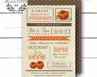 Rustic Fall Pumpkin Baby Shower Invitation with Orange Brown Green, Gender Neutral Vintage Inspired Shower #1036