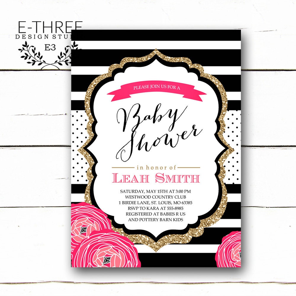 Hot Pink Baby Girl Shower Invitation Modern Black and White - Main Image