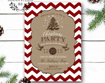 Chevron Christmas Party Invitation - Rustic Modern - Christmas Tree - Kraft Paper