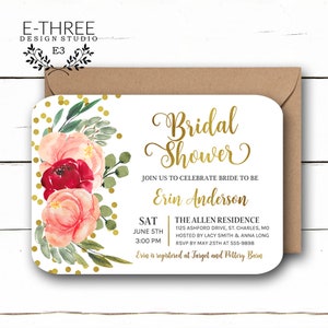 Gold Bridal Shower Invitation - Flower Wedding Shower Invitation - Pink and Gold Foil Confetti and Foliage - Greenery and Flowers