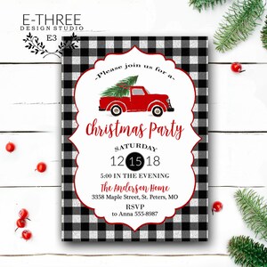Vintage Truck Christmas Party Invitation - Buffalo Plaid Christmas Tree Party Invitation, Farmhouse Christmas Party, Digital or Printed