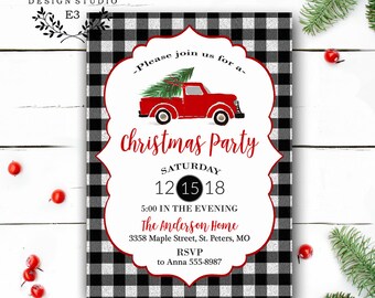 May include: A black and white buffalo plaid invitation with a red truck carrying a Christmas tree. The invitation reads "Please join us for a Christmas Party, Saturday, December 15, 2018, 5:00 in the evening, The Anderson Home, 3358 Maple Street, St. Peters, MO, RSVP to Anna 555-8987."