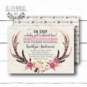 Invito rustico baby shower per ragazze - Invito doccia per bambini antler cervo floreale rosa - Grano di legno e frecce Baby Girl Shower