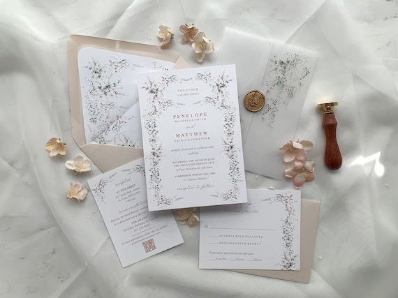 Delicate Greenery Wedding Invitation Suite, Spring Wildflower Wedding Invite Set, Peach and White Floral Invitation Set, Penelope Suite