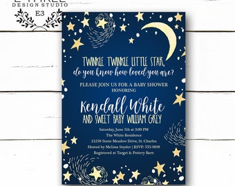 Twinkle Twinkle Little Star Baby Shower Invitations - Boys Baby Shower Invitation - Navy Blue and Yellow - Stars and Moon - Outer Space