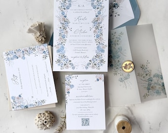 Suite di inviti di nozze floreali blu polvere e avorio, fiori acquerello, inviti stampati, collezione Karlee