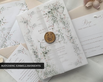 Delicata giacca in pergamena verde e sigilli in ceralacca aggiuntivi per la nostra suite per inviti di nozze della collezione Penelope, confezione in pergamena botanica primaverile