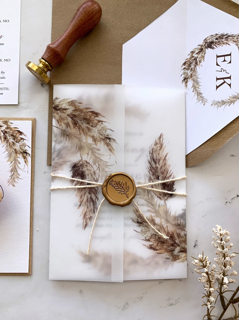 Pampas Grass Wedding Invitations Suite with Vellum and Wax Seal, Fall Foliage Wedding Invitation, Printed Invitations, Ella Collection image 9