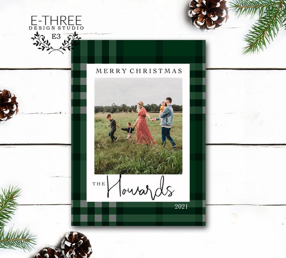 Green Plaid Christmas Card, Modern Plaid Christmas Card, Minimal Plaid Holiday Cards, Christmas Photo Card, Digital or Printed