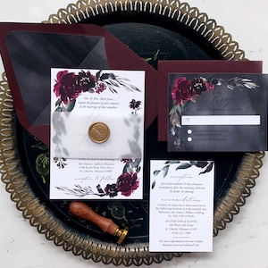 Burgundy Floral Wedding Invitation Suite, Dark and Moody Wedding Invitation Set, Wax Seal Vellum Wrap Winter Wedding, Addison Collection