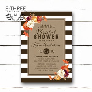 Fall Bridal Shower Uitnodigingen - Moderne Herfst Wedding Shower Uitnodiging met Aquarel Fall Flowers Stripes Kraft Paper #1020