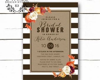 Fall Bridal Shower Invitations - Modern Autumn Wedding Shower Invitation with Watercolor Fall Flowers Stripes Kraft Paper #1020