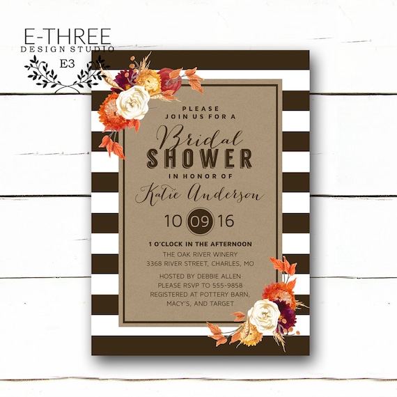 Fall Bridal Shower Invitations - Modern Autumn Wedding Shower Invitation with Watercolor Fall Flowers Stripes Kraft Paper #1020